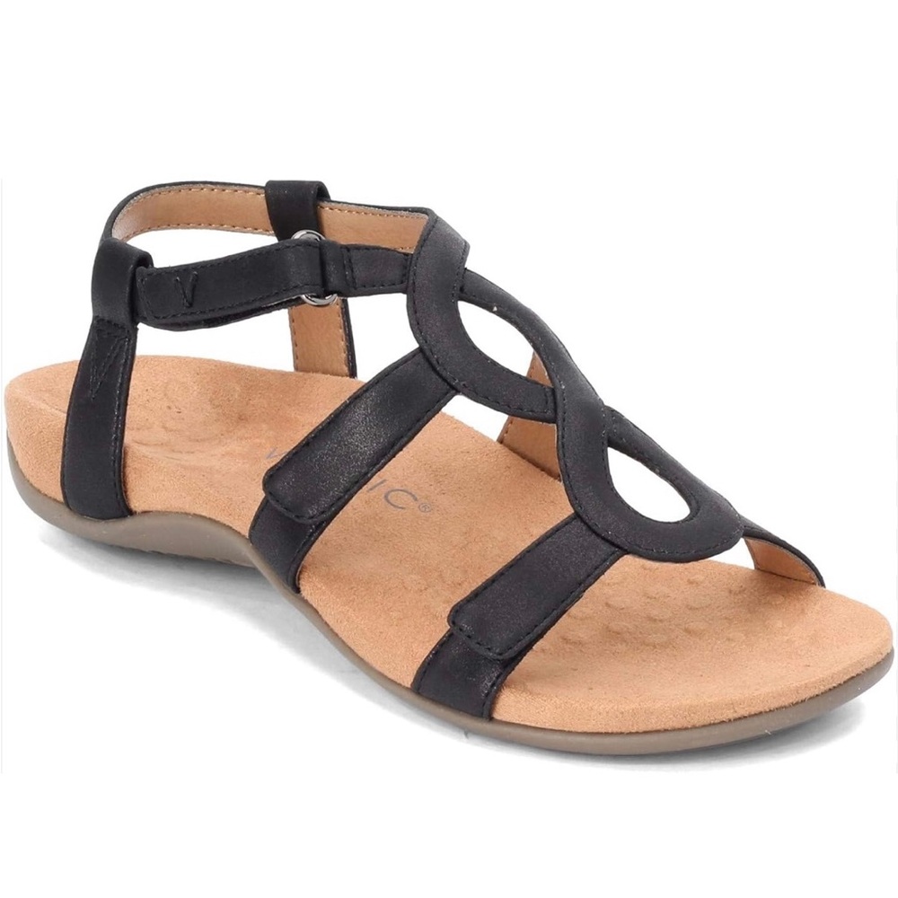 Vionic Black Strappy Sandals with Tan Footbed
